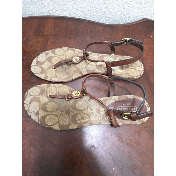 Coach Women's Signature Print Thong Sandals Brown/Gold Leather Size 8B - Picture 4 of 10